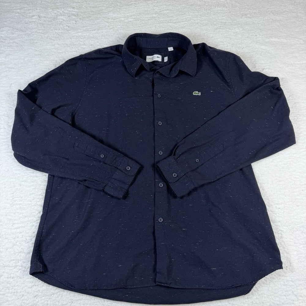 Lacoste Shirt Mens XL Navy Blue Slim Fit Long Sleeve Button Down Fleck Logo